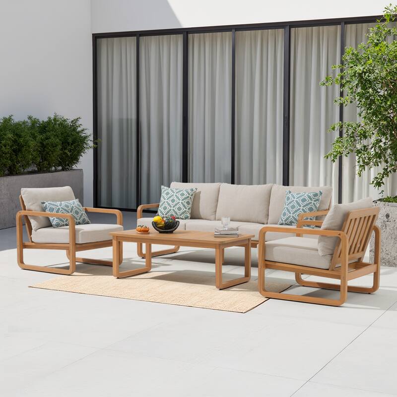 4-Piece Outdoor Conversation Set with Coffee Table in Acacia Wood - Beige & Natural