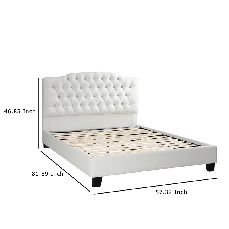 Full Size Bed, Tufted Curved, White Faux Leather Upholstered Pine Wood