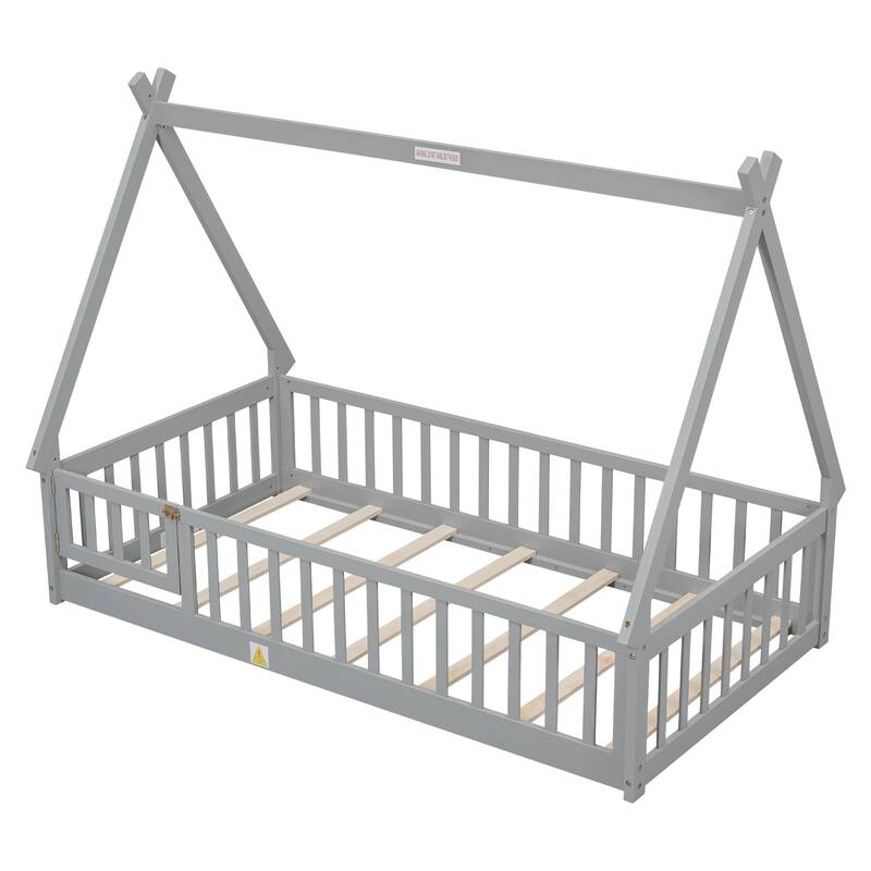 Twin Tent-shaped Floor Bed, Pine Fun Playhouse Bed Frames, With Guardrails, Slats, Door, House Bed Frame With Roof - Grey