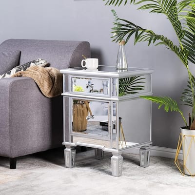 Silver Mirrored Nightstand with 1-Drawers & 1 Side Doors