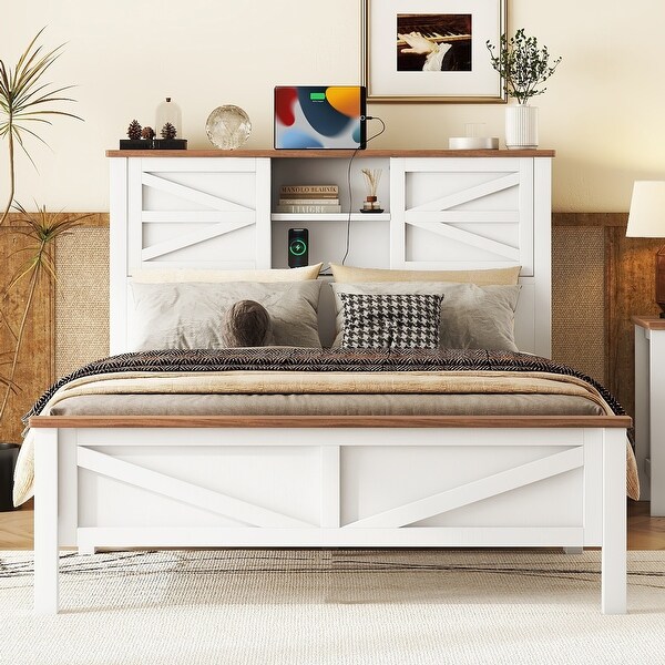 Platform Bed w Double Sliding Barn Door Storage Headboard Socket On Sale Bed Bath Beyond 40419806
