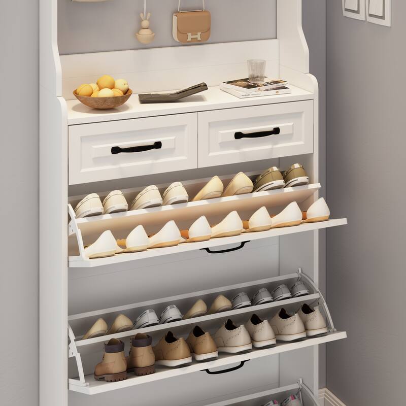Wood Shoe Storage Cabinet 24-Pair Foldable Compartments Shoe Cabinet with 2-Drawer,3 Flip Drawers & Hanger