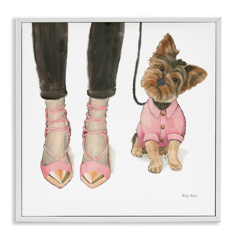Stupell Glam Dog Walk Heels Fashion Pink Gold Design Framed Wall Art - 12 x 12 - White