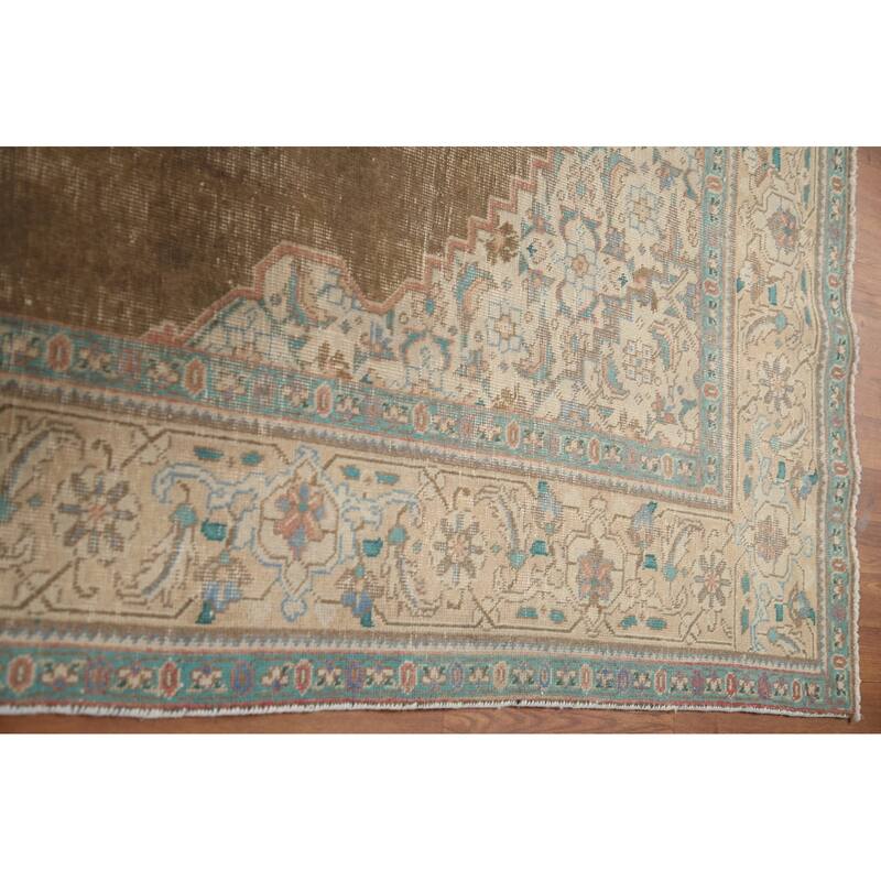 Hand Knotted Oriental 100% Wool Carpet Traditional Medallion Brown Tabriz Area Rug - 10' 11'' X 7' 9''