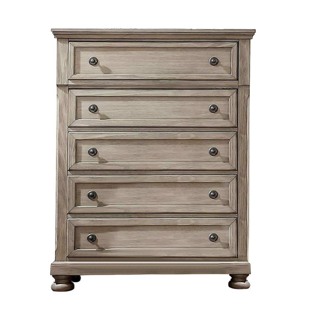 Transitional Wooden 5 Drawer Chest with Round Knob and Bun Feet, Brown