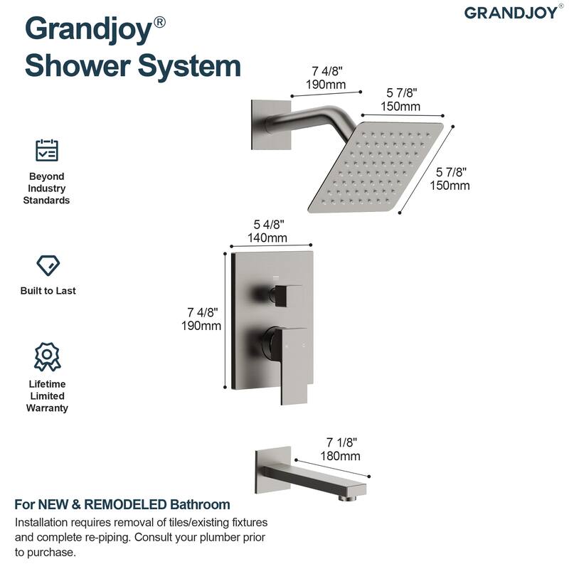 GRANDJOY 2-Function Tub and Shower Faucet Set with Single Handle Valve, Wall-Mount Design