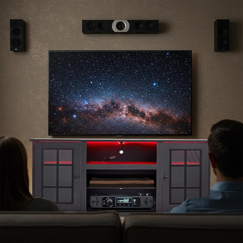 EROMMY TV Stand for 65 Inch TV, Entertainment Center with LED Lights, Storage & Power Outlets, Media Console for Living Room - Black