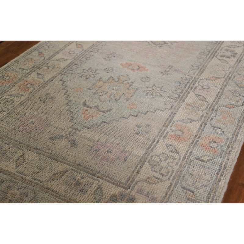 Hand Knotted Oriental 100% Wool Carpet Transitional Geometric Navy Blue & Blues Oushak Runner Rug - 9' 4'' X 2' 4''