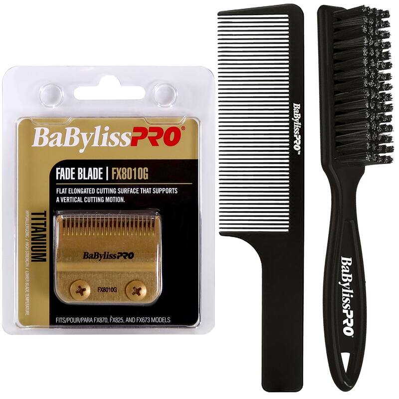 BaByliss Pro Replacement Gold Titanium Fade Blade #FX8010G Fits for FX870, FX825 and FX673 + Fade Brush + 9" Comb - Gold