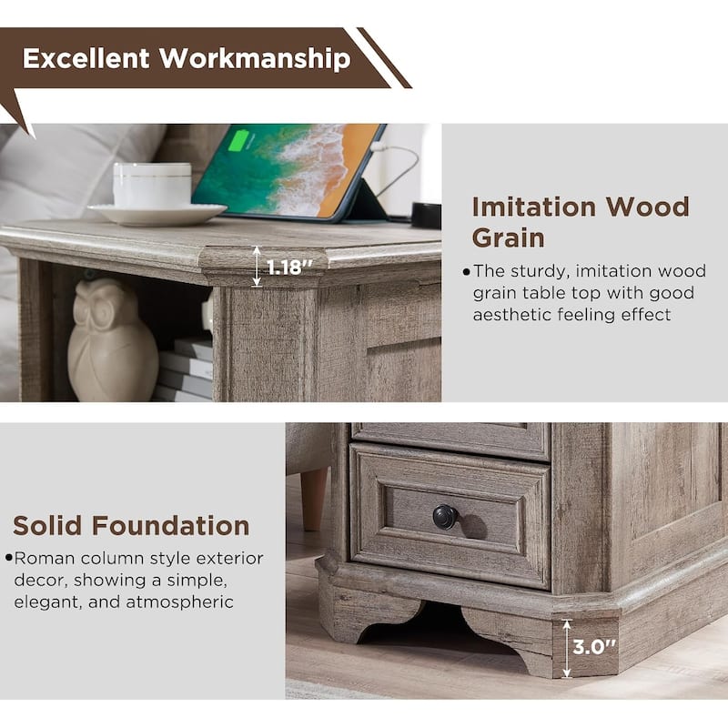 18" Farmhouse Nightstand with Charging Station, End Table,Side Table