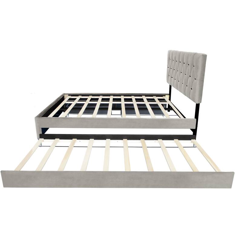 Modern Queen Upholstered Platform Bed with Gold Tufted Headboard, Pull-Out Trundle & 2 Storage Drawers, No Box Spring Needed