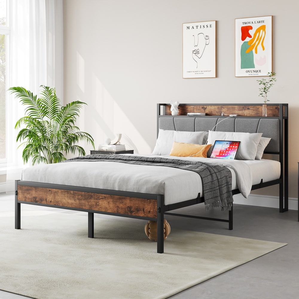 Platform Bed Metal Bed Frame, Storage Headboard with Charging Station, Under Bed Storage Clearance, Noise-Free, Easy Assembly