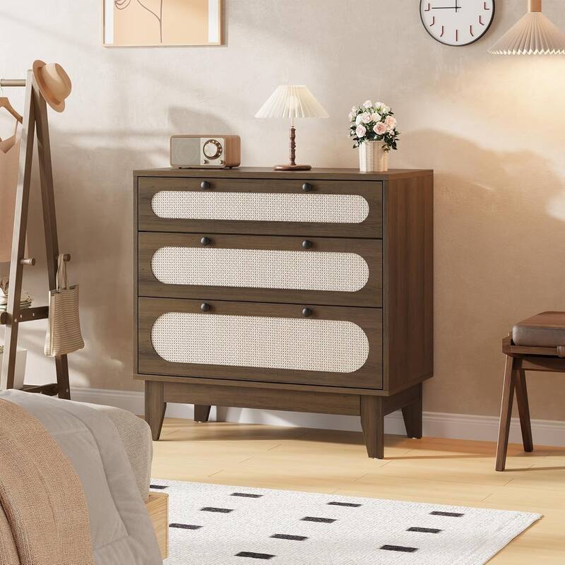 3 Drawer Wood Dresser with Rattan Accents, Modern Wood Storage Chest