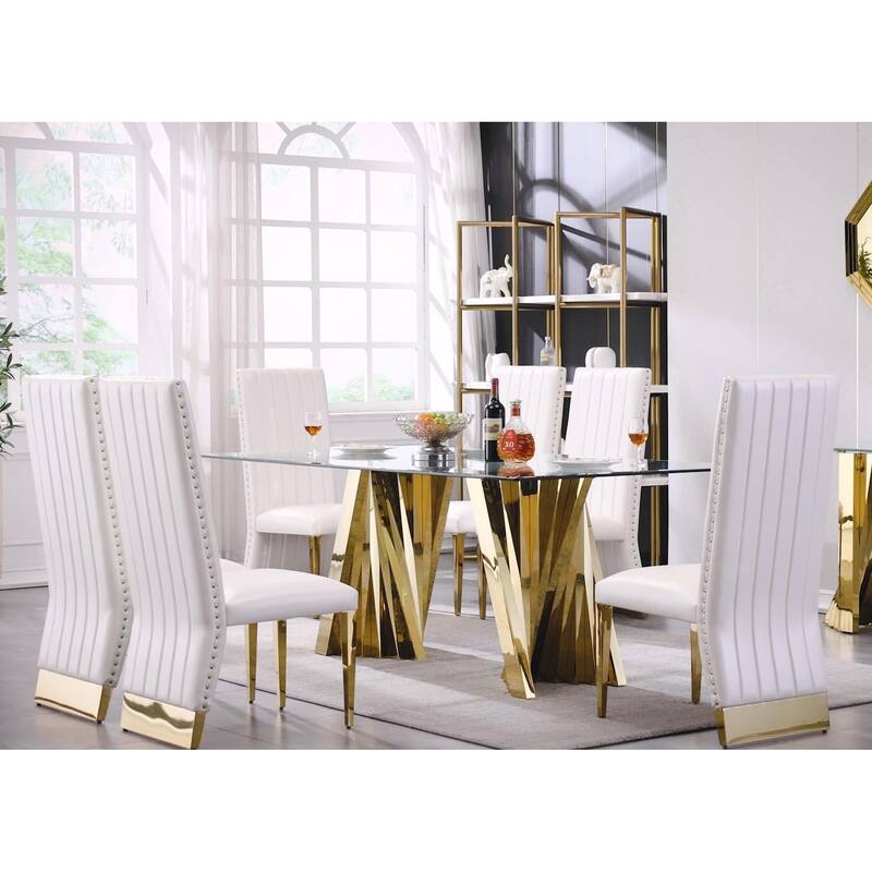 Luxury 78 inch Glass Dining Table with Mirrored Stainless Steel Base