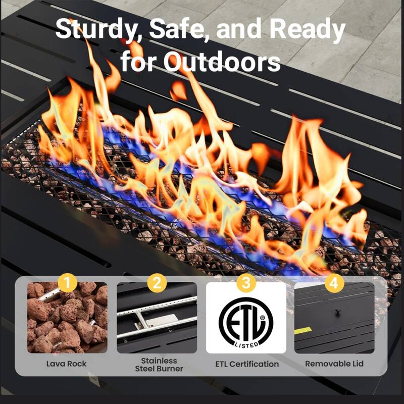 43" 2in1 Black Fire Pit Table with Lid & Glass Shield, 50000 BTU CSA Certified, Waterproof Cover