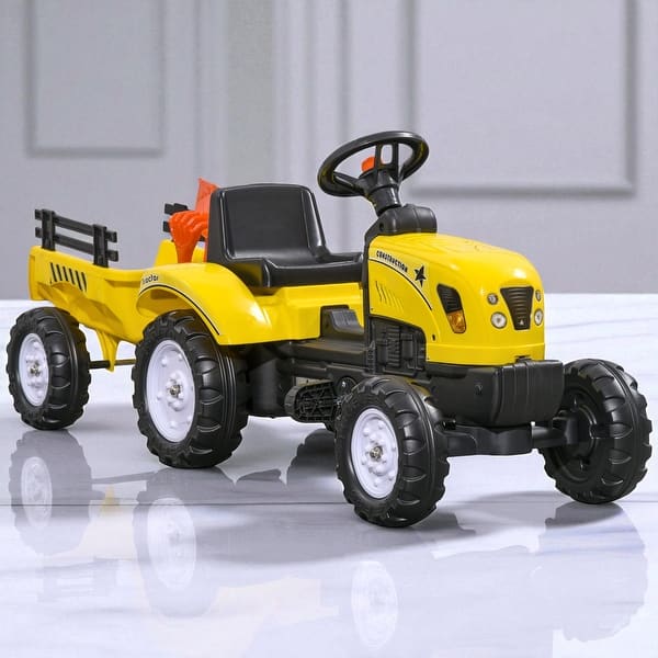slide 2 of 8, Kids Pedal Ride-On Farm Tractor with Back Trailer, Shovel, Rake & Horn, Manual Outdoor Car Toy for 3-Year-Olds, 77 lbs Capacity Yellow