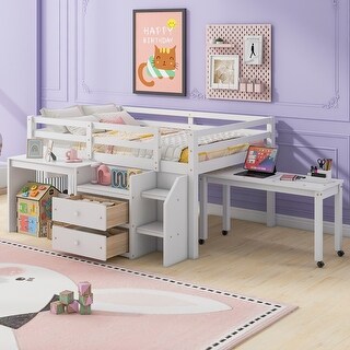 Wooden Loft Bed with Desk and Drawers, Lateral Portable Desk