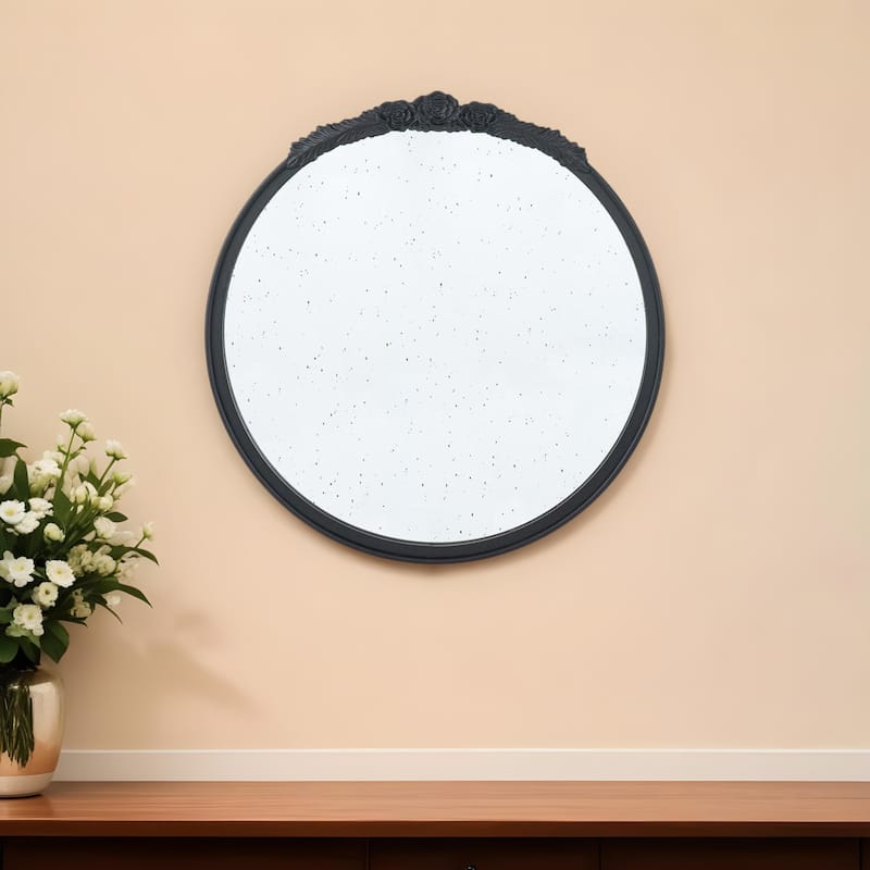 HomeRoots 30" Black Crowned Top Antiqued Glass Round Framed Accent Mirror - 29.1' X '30.1' X '2 - Black - 29.1' X '30.1' X '2