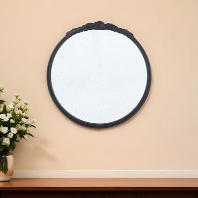 HomeRoots 30" Black Crowned Top Antiqued Glass Round Framed Accent Mirror - 29.1' X '30.1' X '2
