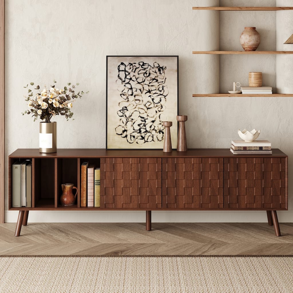 70" Mid-Century Modern TV Stand with Solid Wood Legs & Ample Storage