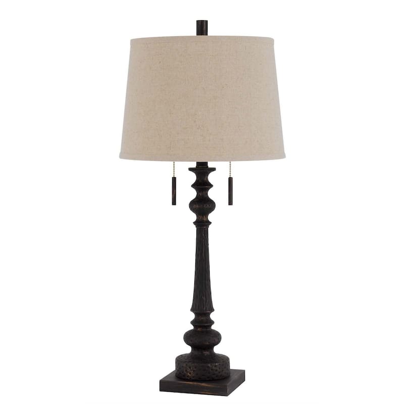 HomeRoots32" Charcoal Two Light Table Lamp With Tan Drum Shade - 14