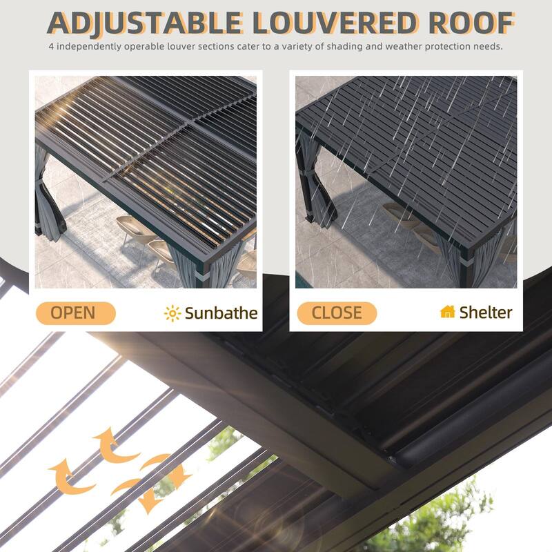 EROMMY Outdoor Louvered Pergola Gazebo with Adjustable Aluminum Rainproof Roof and Pull-Down Screen