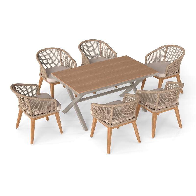 Outdoor 7-Piece Dining Set Chair with Rope-woven Backrest and Table