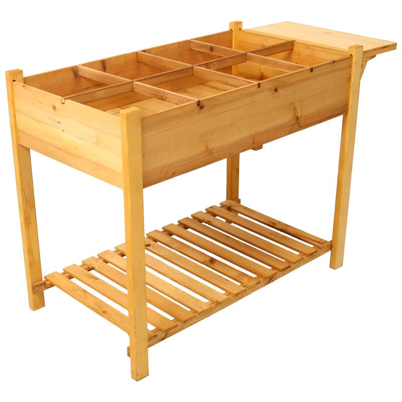 Country Rustic Style Garden Bed with Foldable Side Table and Storage Shelf, for Herb Vegetables Flowers Outdoor Gardening