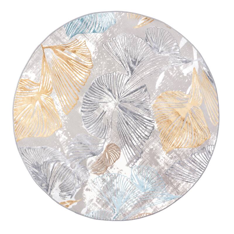 London Collection Cream/ Grey Botanical Area Rug - 5'3 x 5'3 Round