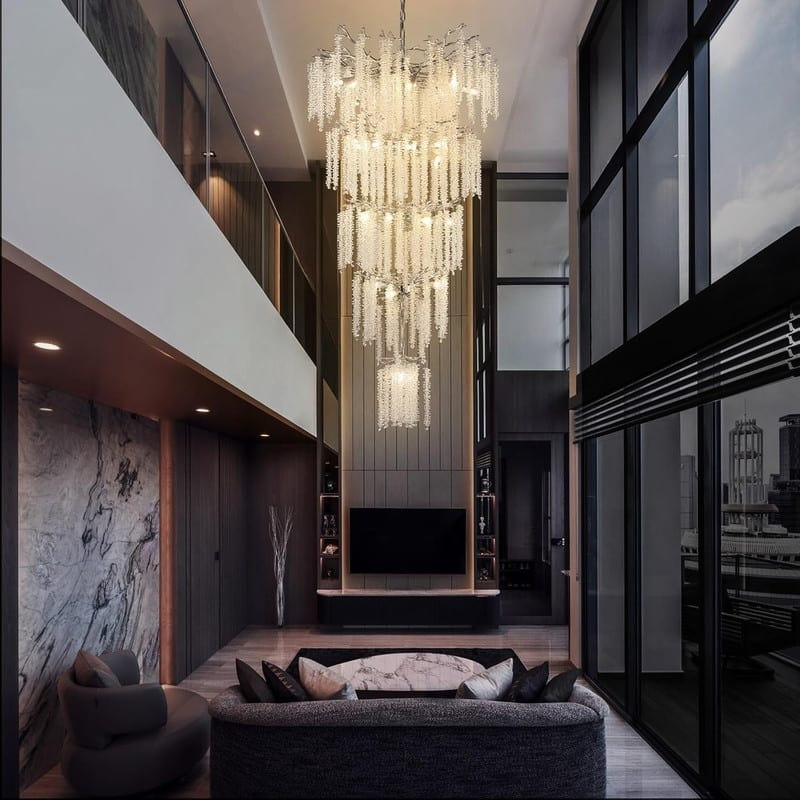 KAYLA 28-Lights Crystal Staircase Chandelier, Indoor Pendant Light, 118'' Modern High Ceiling Light, Height Adjustable - N/A
