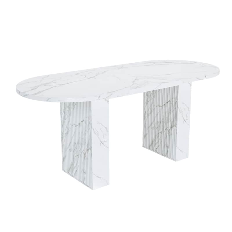 62.9 Inch Oval Dining Table for 6, Marble Top Kitchen Table with Wood Strip Base, Modern Farmhouse Dining Room Table