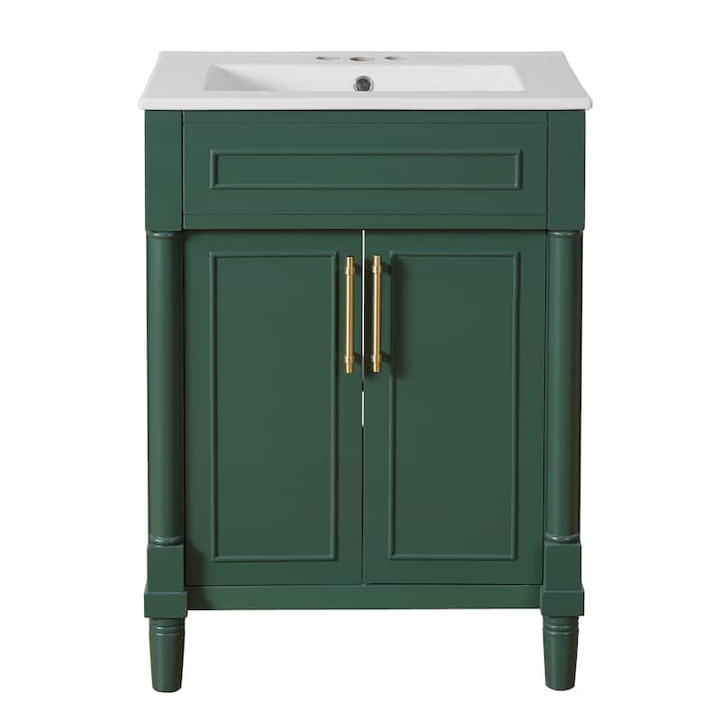 Elegant Bathroom Vanity Freestanding Storage Cabinet with Sink, 2 Doors, Gold Handles and Adjustable Interior Shelf