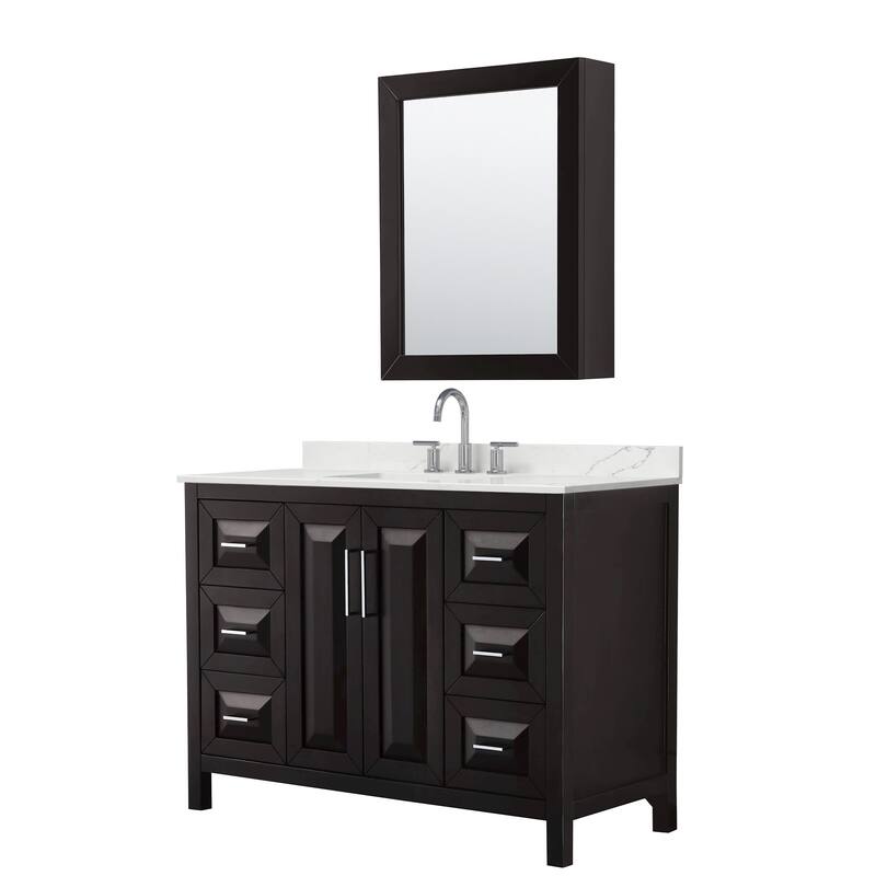 Daria 48-inch Single Vanity, 3 Hole Quartz Top, Med Cabinet - Dark Espresso, Chrome Trim, Giotto Quartz Top