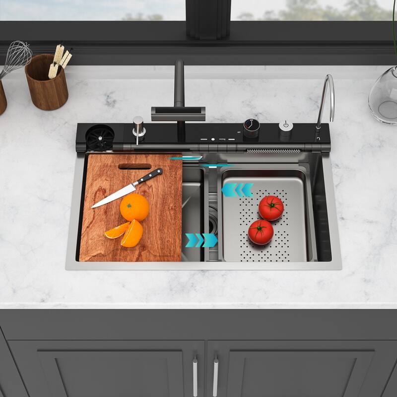 30" Drop-In 16 Gauge Single Bowl Stainless Steel Smart Digital Kitchen Sink with Faucet in Brushed Nickel - 30'' x 19'' x 9''