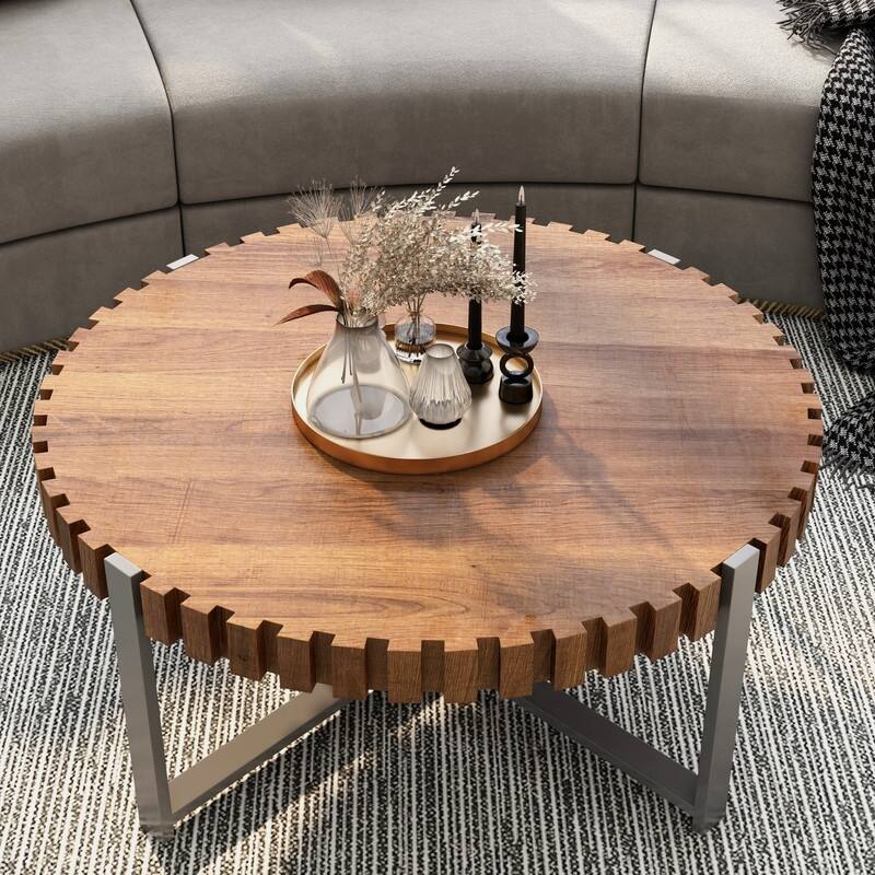 31.4-inch Modern Drum Shaped Wood Grain Coffee Table - Handmade Natural Wood Living Room Center Table