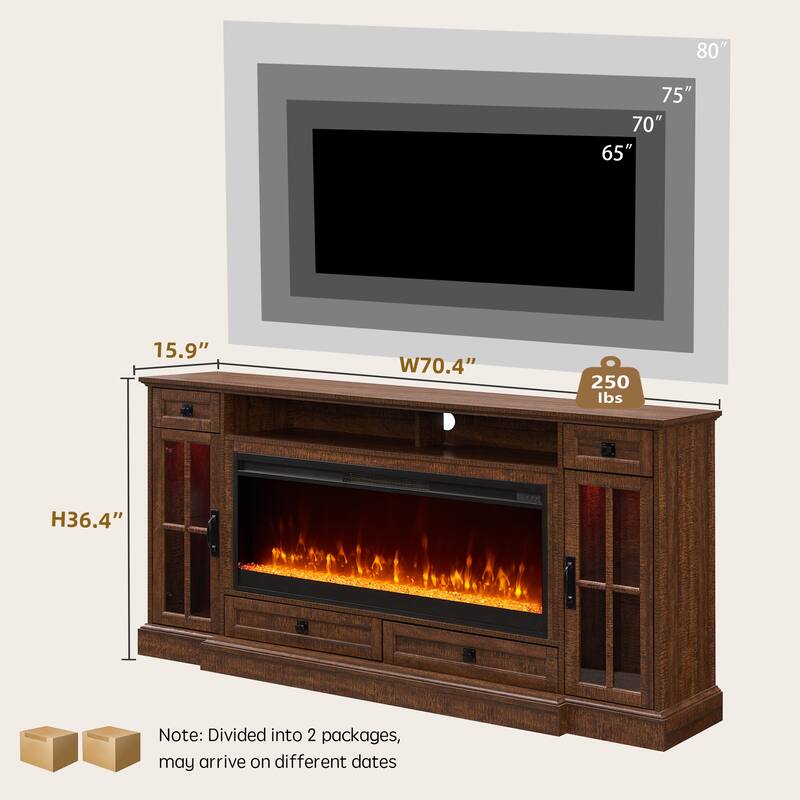 Fireplace TV Stand for 80" TV, Farmhouse Entertainment Center with LED