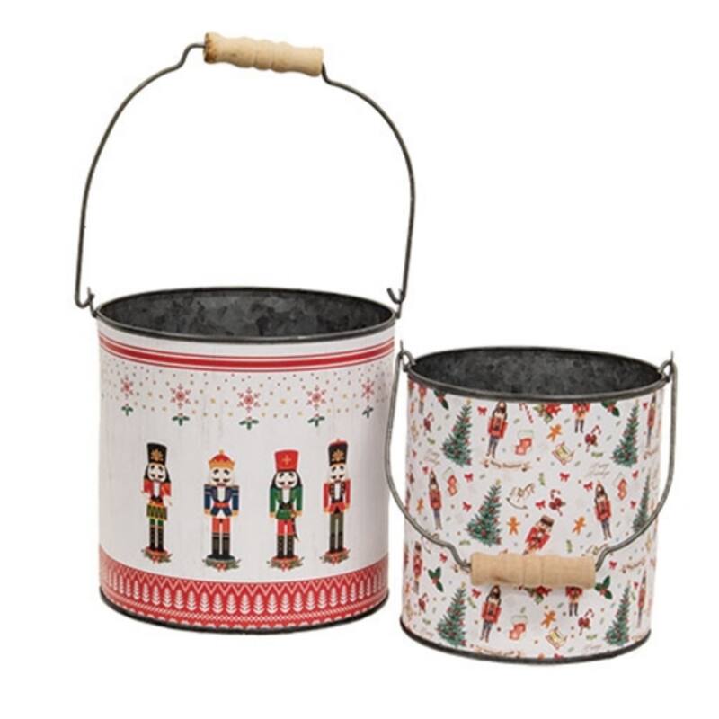 2/Set Nutcrackers on Parade Metal Buckets for Christmas Decor - Multi