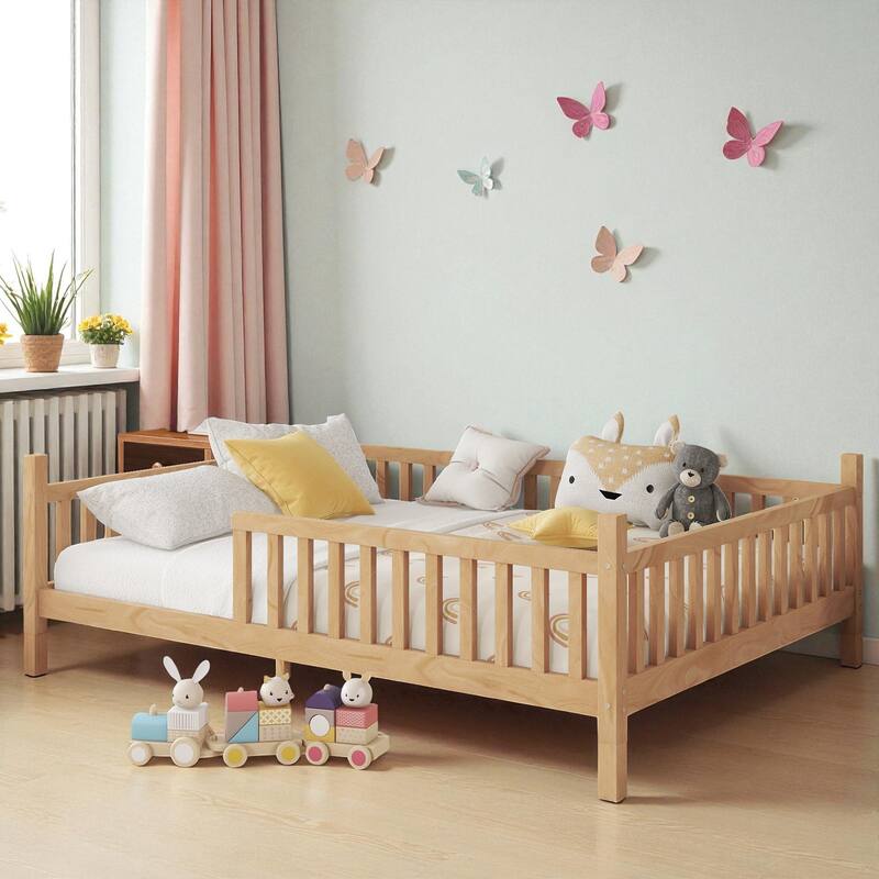 Twin/Full Size House Bed with LED Light and Fence, Wooden Low Floor Kids Bed Frame with Roof for Boys and Girls