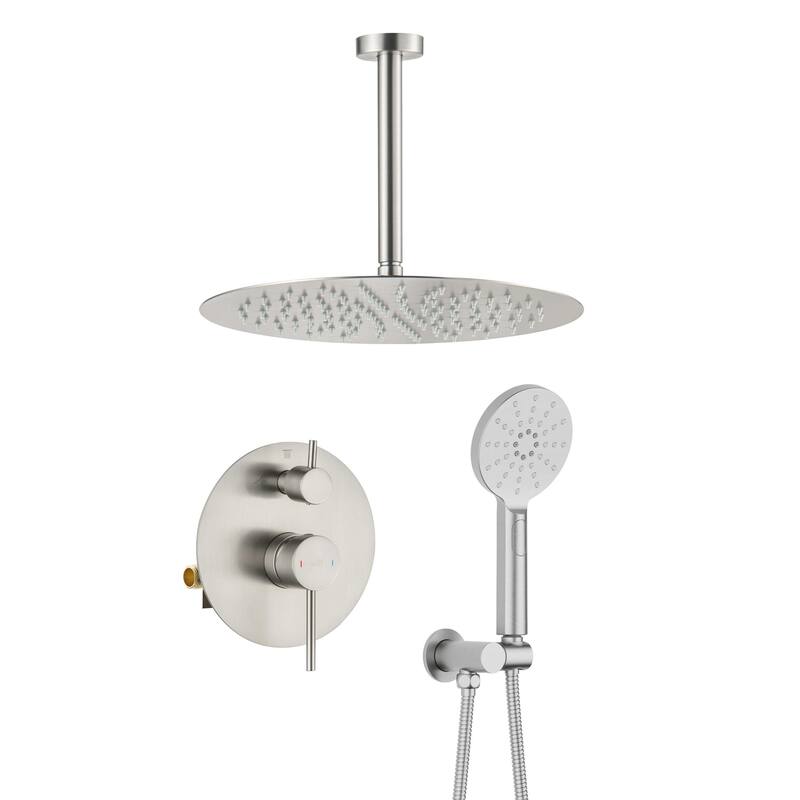 Circular Pressure Balanced Ceiling Mounted 2-Function Shower System with Rough In Valve - Brushed Nickel