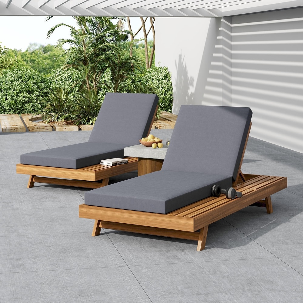 Outdoor Patio Acacia Wood Chaise Lounge Chair with Adjustable Backrest, Side Open Storage and Water-Repellent Cushions
