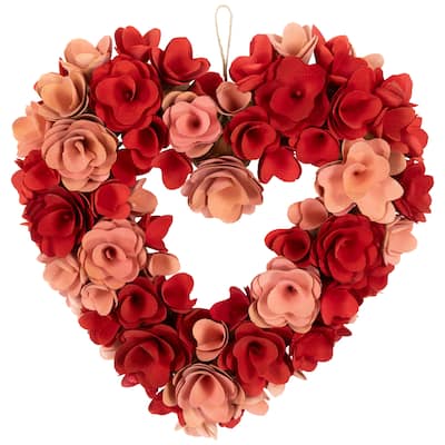 Wooden Floral Artificial Valentine's Day Wreath - 15" - Red and Pink