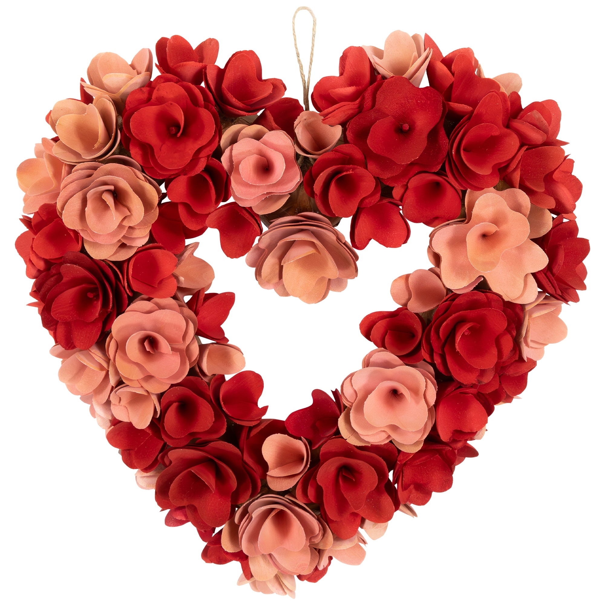 Wooden Flower Artificial Valentine's Day Wreath - 15" - Red and Pink