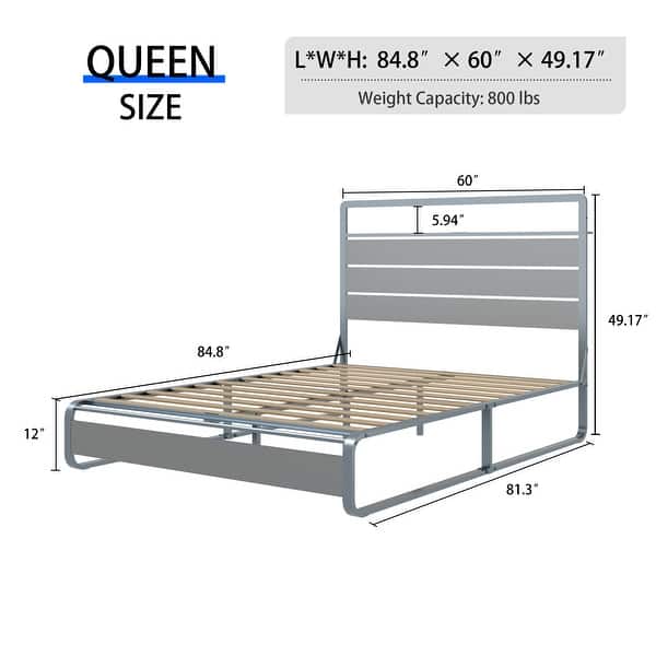 Queen Size Metal Platform Bed Frame with Functional Headboard Shelf and Built-in Charging Ports, LED Lighting