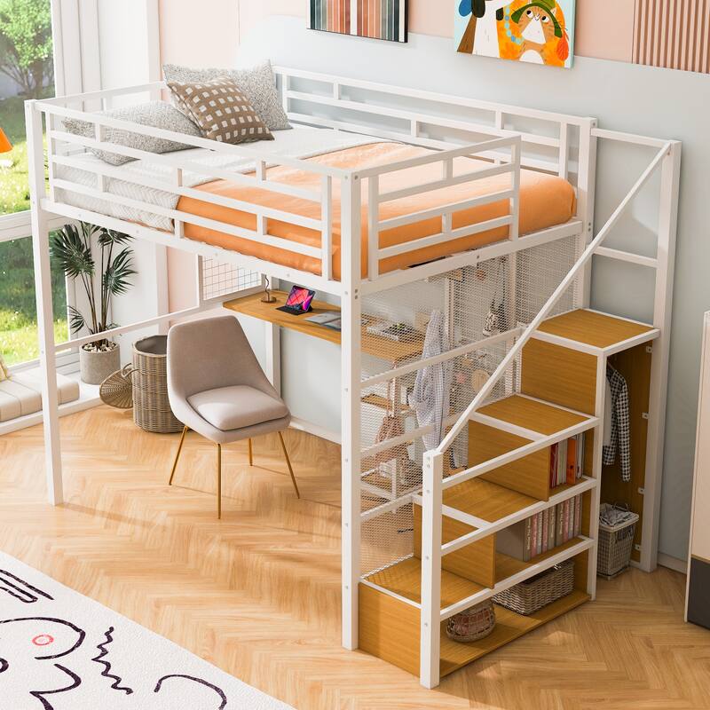 Full Size White Metal Loft Bed with Built-in Wardrobe, Desk & Storage Shelves