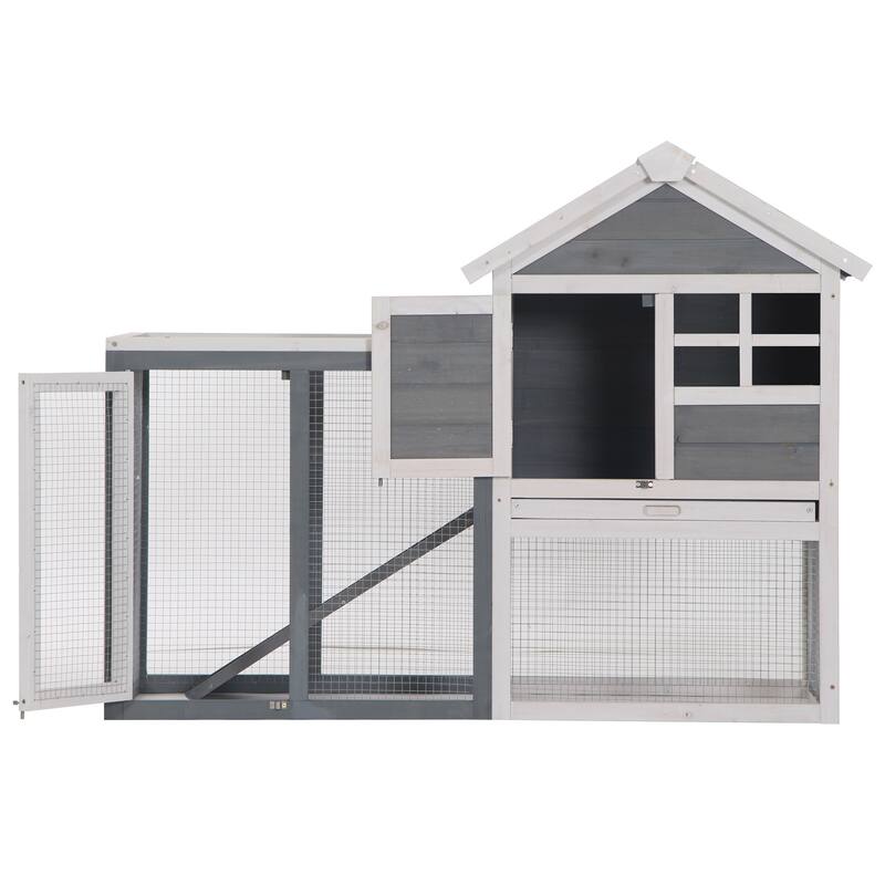 PawHut 48" Wooden Rabbit Hutch Bunny Cage with Waterproof Asphalt Roof, Fun Outdoor Run, Removable Tray and Ramp