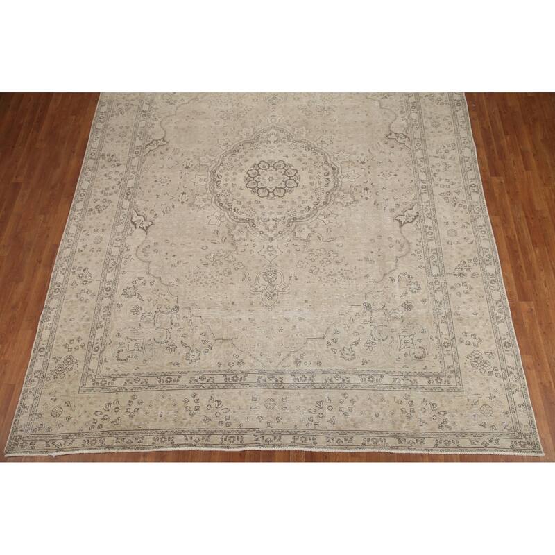 Hand Knotted Oriental 100% Wool Carpet Traditional Floral Beige & Ivories Tabriz Area Rug - 12' 4'' X 9' 10''