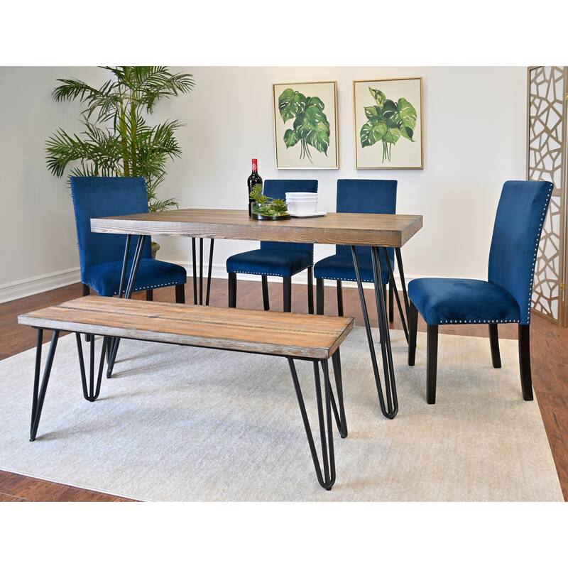 Farmhouse Dining Set 6-Piece with Bench and 4 Velvet Upholstered Dining Chairs, Dining Table with Hairpin Legs