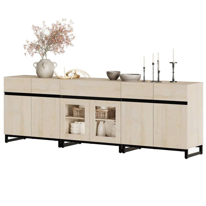 WAMPAT Modern Sideboard with Adjustable Shelves and Drawer, 3 in 1 Storage Cabinet with Glass Doors for Living Room, Kitchen