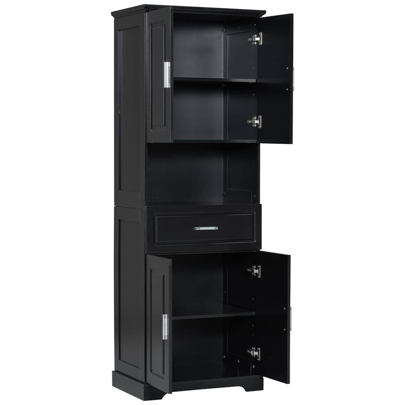 Storage cabinets with doors and open storage shelves