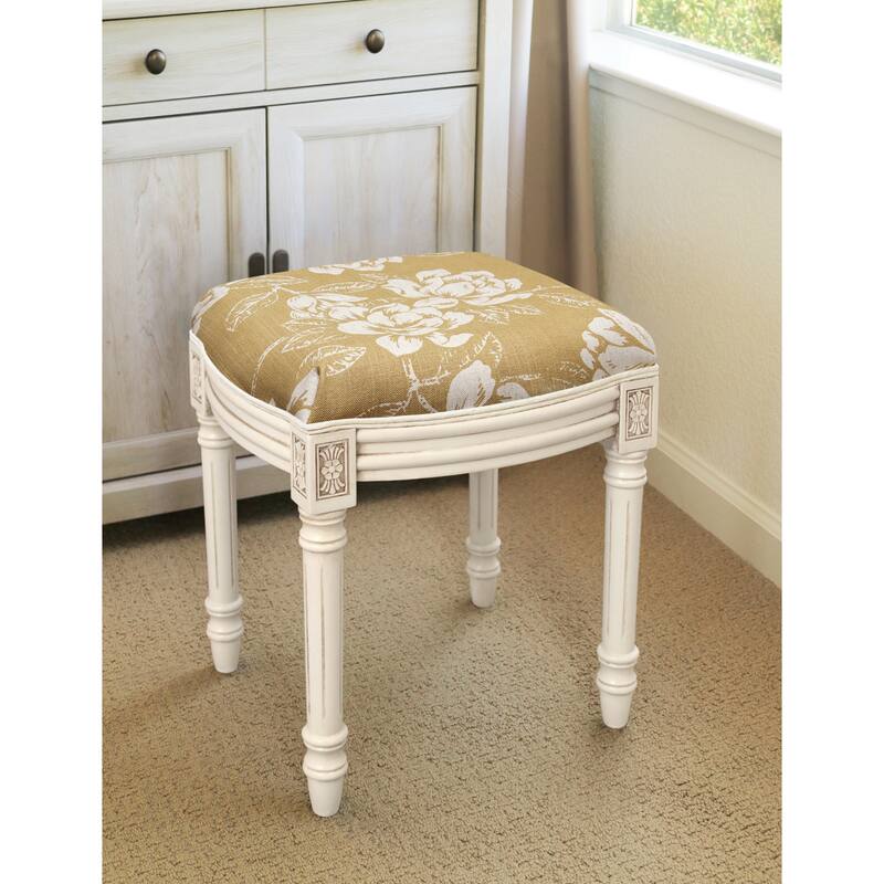 Tan Magnolia Vanity Stool with antique white finish